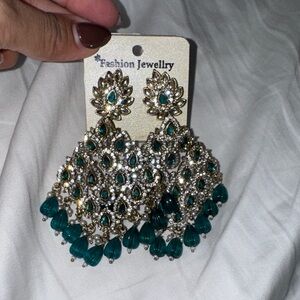 Fashion Jewelry Gold and Teal Statement Earrings chandelier peacock